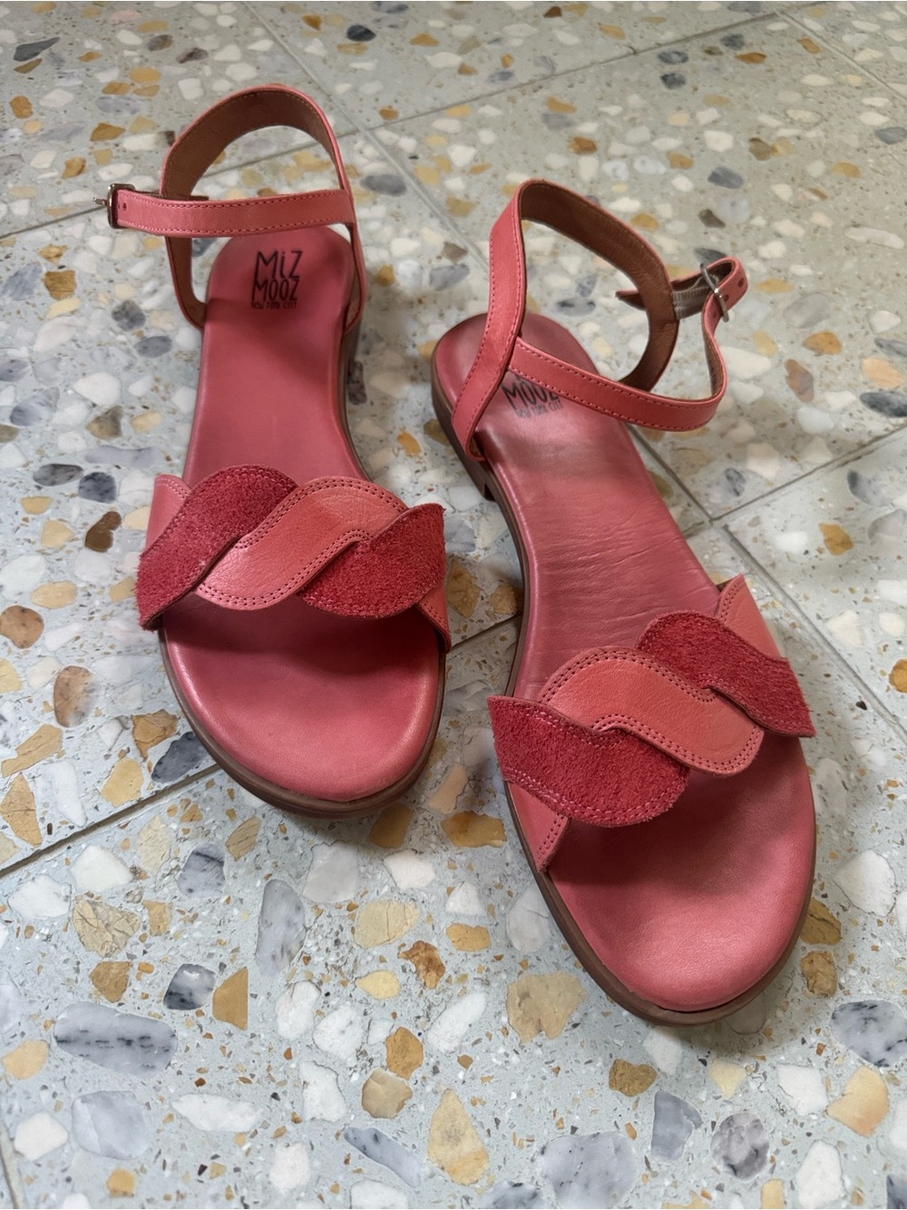 Miz Mooz Coral-Pink Scalloped Ankle-Strap Braided Lakelyn Sandals